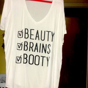 Women’s White Graphic V-Neck Tee - Beauty Brains Booty Size 3x